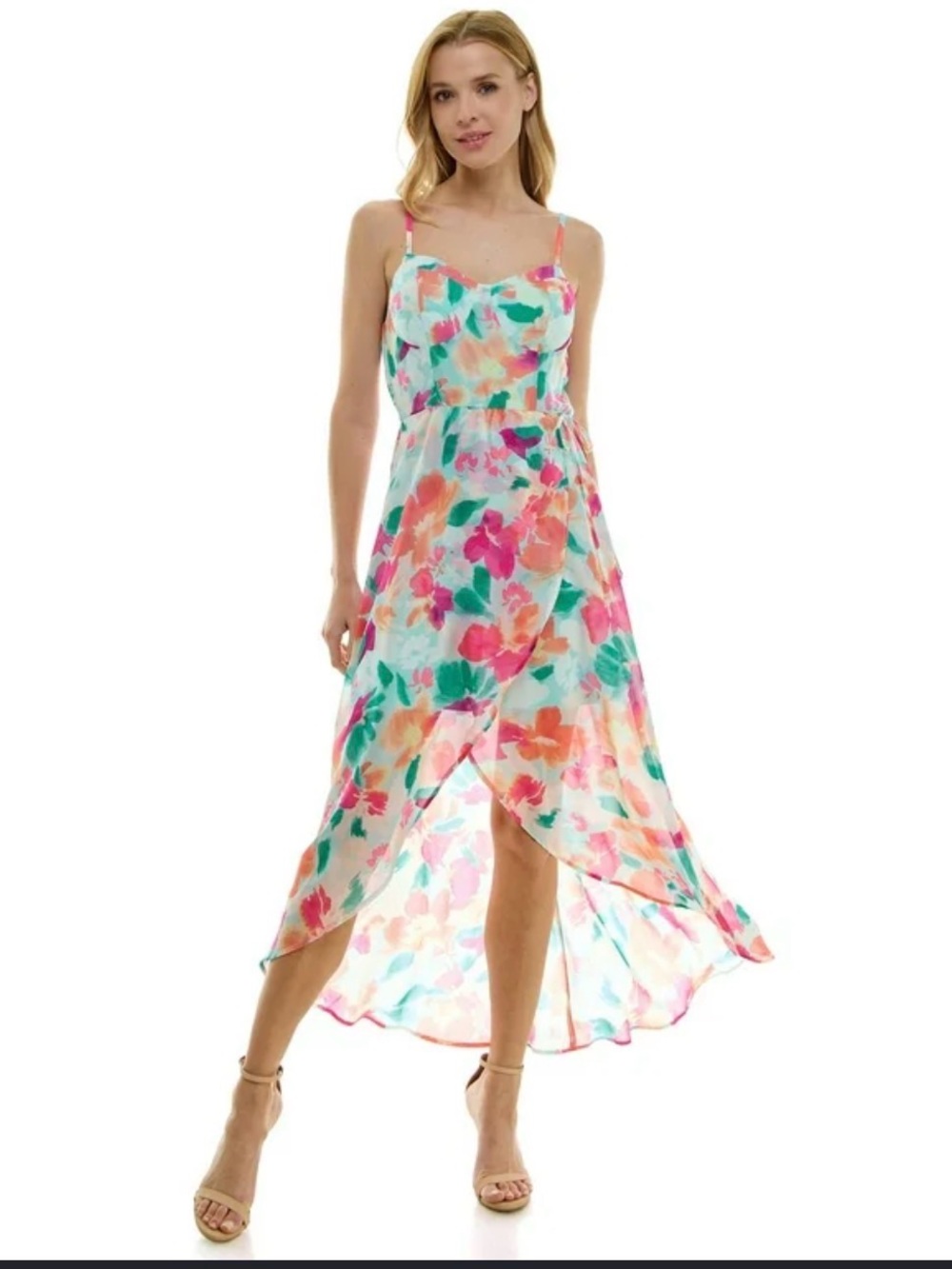 Lily Rose Turquoise Pink Orange Floral Maxi Dress